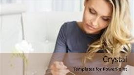  Presentation with alone - Beautiful theme featuring woman alone eating dessert in a restaurant backdrop and a coral colored foreground