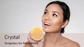  Presentation with technology orange and grey - Theme having woman amiling while holding orange background and a coral colored foreground