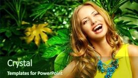  Presentation with fashion show for cancer awarness - Slide set consisting of woman among the tropical plant background and a forest green colored foreground