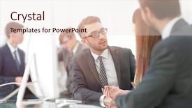  Presentation with man vs woman - Theme enhanced with woman analyzing together new project background and a sky blue colored foreground