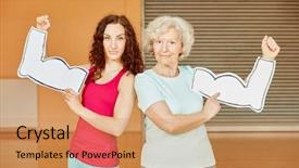  Presentation with senior citizen - Amazing PPT theme having woman and active senior backdrop and a coral colored foreground