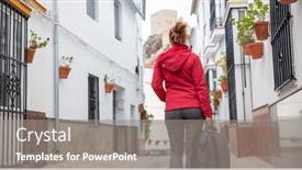  Presentation with backpack - PPT layouts enhanced with woman-and-backpack-in-andalusia background and a gray colored foreground