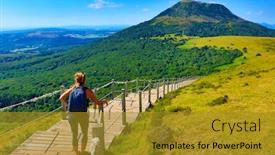  Presentation with backpack - Beautiful presentation theme featuring woman-and-backpack-with-puy backdrop and a gold colored foreground