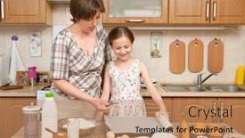  Presentation with baking utensils - Theme enhanced with woman and child girl preparing flour for baking and cookies on a wooden background raw food and kitchen utensils break an egg cooking dough background and a coral colored foreground