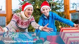  Presentation with woman child - Slides enhanced with woman and child on christmas with wrapped gifts and santa claus caps background and a teal colored foreground