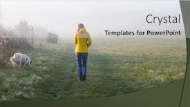 Presentation with social distancing - Amazing PPT theme having woman-and-dog-in-autumn backdrop and a white colored foreground