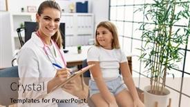  Presentation with pediatrician - PPT theme having woman-and-girl-pediatrician background and a coral colored foreground