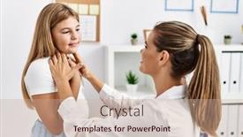  Presentation with pediatrician - PPT theme featuring woman-and-girl-pediatrician background and a coral colored foreground