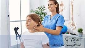  Presentation with rehab clinic - Presentation theme with woman-and-girl-physiotherapist background and a teal colored foreground