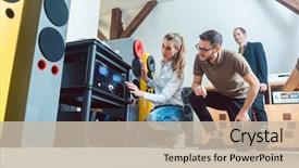  Presentation with end - Colorful presentation design enhanced with woman and man buying high backdrop and a soft green colored foreground