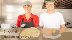  Presentation with food truck - Amazing PPT theme having woman and man chefs showing a meal they prepared in a food truck looking into the camera backdrop and a coral colored foreground