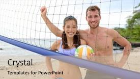  Presentation with beach volleyball - Slide set with woman and man fitness model background and a soft green colored foreground