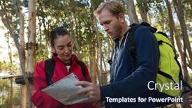 Presentation with backpack - Amazing presentation theme having woman-and-man-hiker backdrop and a navy blue colored foreground