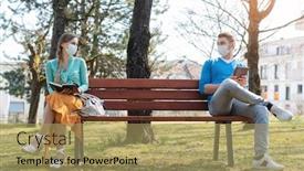  Presentation with man sitting bench - PPT theme with woman-and-man-in-social background and a coral colored foreground