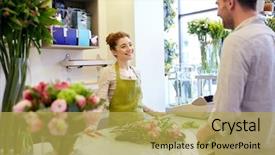  Presentation with consumerism - PPT theme featuring man or customer talking background and a yellow colored foreground