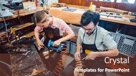  Presentation with employees working together - Presentation consisting of woman-and-man-shoemaker-working background and a tawny brown colored foreground