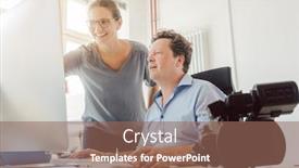  Presentation with video production - Colorful presentation design enhanced with woman and man working on a video in post-production on the computer backdrop and a violet colored foreground