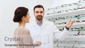  Presentation with glasses - Beautiful slide set featuring woman and optician showing glasses at optics store backdrop and a white colored foreground