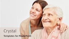  Presentation with seniors - PPT theme featuring woman-and-seniors-are-looking background and a coral colored foreground
