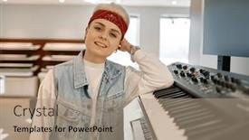  Presentation with music - Slide set having woman-and-synthesizer-at-music background and a coral colored foreground