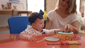  Presentation with eat - PPT theme featuring woman-and-toddler-learning background and a red colored foreground