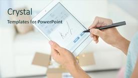  Presentation with electronic signature document automation - Cool new slide deck with woman appending signature after receiving backdrop and a sky blue colored foreground