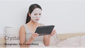  Presentation with facial - Cool new presentation theme with woman apply facial mask and watching on tablet at home backdrop and a coral colored foreground