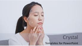  Presentation with facial - Colorful slide deck enhanced with korean cosmetics - woman apply facial paper mask backdrop and a light blue colored foreground