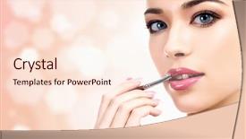  Presentation with makeup fashion model applying lipstick - Presentation design featuring woman applying lips makeup background and a cream colored foreground