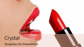 Presentation with lipstick - Audience pleasing presentation theme consisting of woman applying lipstick bright color backdrop and a coral colored foreground