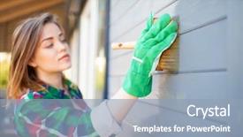  Presentation with wall paint - Presentation design enhanced with woman applying protective varnish background and a light blue colored foreground