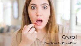  Presentation with beautiful young woman getting face - Slide deck featuring woman applying red lipstick scare background and a coral colored foreground