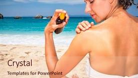  Presentation with spray - Theme featuring woman applying suntan lotion from a spray bottle greece background and a lemonade colored foreground