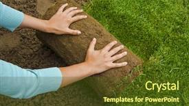  Presentation with role play woman and man - Slide deck having woman applying turf rolls background and a tawny brown colored foreground