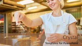  Presentation with sprinkles - Slides having woman-apprentice-baker-sprinkles-flour background and a coral colored foreground
