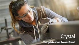  Presentation with locksmith - Colorful PPT theme enhanced with locksmith - woman apprentice training in metalwork backdrop and a dark gray colored foreground
