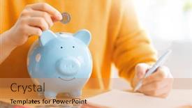  Presentation with piggy bank - Amazing slides having woman-are-sitting backdrop and a yellow colored foreground