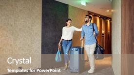  Presentation with hotel - Amazing PPT layouts having woman arriving at hotel lobby backdrop and a coral colored foreground