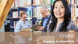  Presentation with stack books - Cool new slide set with woman-as-a-bookseller backdrop and a coral colored foreground