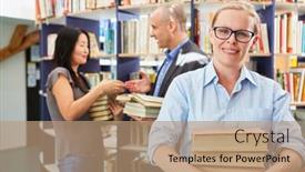  Presentation with library - Slides enhanced with woman-as-a-bookseller background and a coral colored foreground