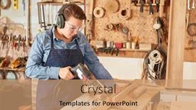  Presentation with apprentice - PPT theme consisting of woman-as-a-carpenter-apprentice background and a coral colored foreground