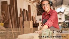  Presentation with carpenter - Cool new slide set with woman-as-a-carpenter-apprentice backdrop and a coral colored foreground