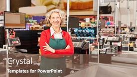  Presentation with cash - Beautiful presentation theme featuring woman-as-a-cashier backdrop and a tawny brown colored foreground