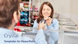  Presentation with customer loyalty - Audience pleasing PPT theme consisting of woman-as-a-customer backdrop and a sky blue colored foreground