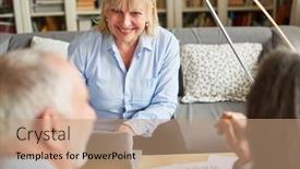  Presentation with old couple - Slide set featuring woman-as-a-financial-advisor background and a coral colored foreground