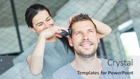  Presentation with haircut - Theme consisting of woman-as-a-hairdresser-gives background and a light blue colored foreground