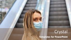  Presentation with face mask - PPT theme featuring woman-as-a-passerby background and a violet colored foreground