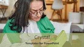  Presentation with pensioner - PPT theme featuring woman-as-a-pensioner background and a mint green colored foreground