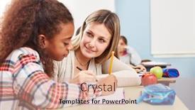  Presentation with teacher - Presentation theme consisting of woman-as-a-teacher-gives background and a coral colored foreground