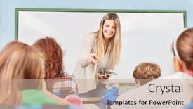  Presentation with school elementary - PPT theme consisting of woman-as-a-teacher-teaches background and a coral colored foreground